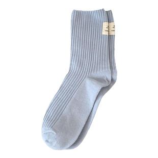 细细条 字母小布标袜子女春秋款日系百搭竖纹中筒袜奶白色堆堆袜