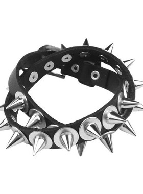 两圈黑质感牛皮尖刺铆钉朋克手链