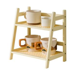 ins中古风藤编奶油色双层桌面置物架宿舍卧室办公厨房杯架整理架