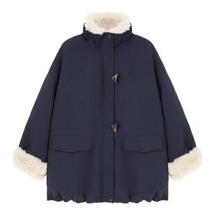 ROCOCO/洛可可毛绒拼接牛角扣大衣女抽绳收腰保暖秋冬中长外套
