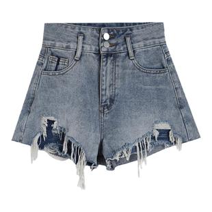 米米小姐2025年夏季新品韩版高腰破洞洗水A字蓝色牛仔短裤女百搭