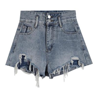 韩版高腰破洞洗水A字牛仔短裤女