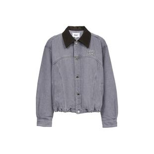 绫致ONLY2025秋季新款落肩皮领拼接夹克花苞下摆纯棉短外套女