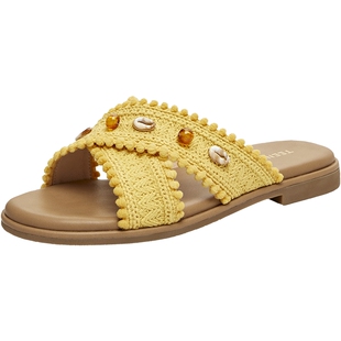 天美意一字带编织海边度假平底拖鞋女外穿凉拖沙滩凉鞋2026夏新款