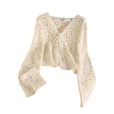 她池V领系带宽松款镂空针织衫