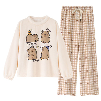 卡皮巴拉女款睡衣冬季法兰绒套装