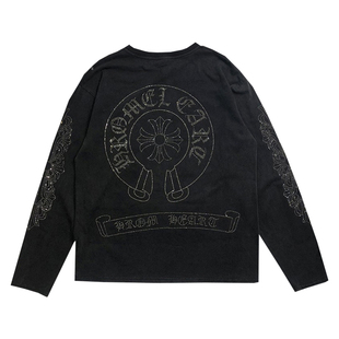 私藏亮爆烫钻手臂十字架轻奢华炒雪花黑色打底单穿纯棉长袖T恤衫