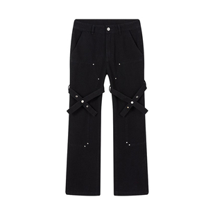 PASET微喇叭修身黑色绑带牛仔裤工装裤子男美式高街设计感长裤