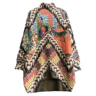 慵懒风印花高领水貂毛毛衣女套头长袖直筒宽松打底衫前短后长显瘦