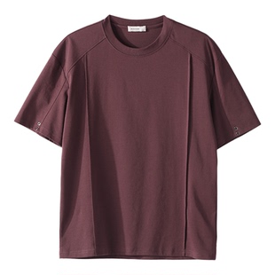 LUUD 结构线设计酒红色微阔圆领短袖男夏纯色极简铆钉装饰上衣T恤