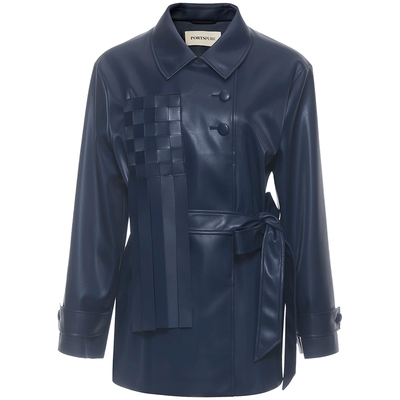 宝姿PORTSPURE女装舒适波嬉老钱编织口袋皮质衬衫外套