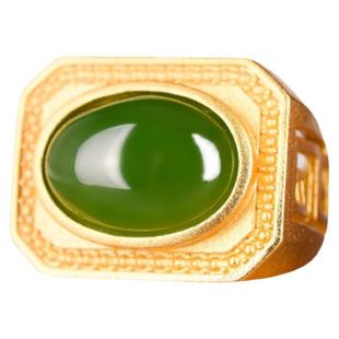 新疆和田碧玉戒指菠菜绿椭圆形界面扳指俄罗斯碧玉925银活扣男女