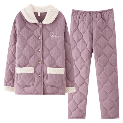 浪莎纯棉夹棉睡衣女加厚保暖套装