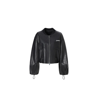 LEDIM WANG白标/暗藏花豹美式短款皮夹克外套女25秋新款宽松上衣