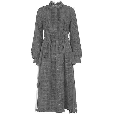 sdeer圣迪奥女装木耳边圆领风琴褶网纱格纹连衣裙S234Z12F4