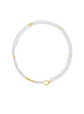 周六福珍珠项链女贝珠双层链几何链坠S925银黄金色圣诞礼物