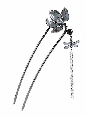 新中式莲花珍珠流苏U型步摇簪