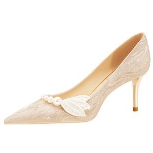 美人鱼rosecastle婚鞋女秀禾婚纱两穿新娘鞋金色水晶细跟高跟鞋