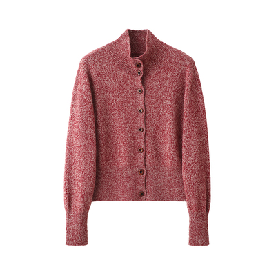 半高领花纱设计长袖针织开衫女