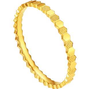 潮宏基悦闪黄金戒指足金蜂巢素圈实心高级感闺蜜生日礼物