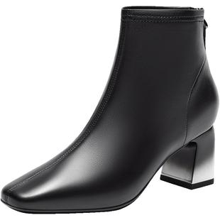 【下拉领券】董洁同款真美诗冬夜渐暖冬季羊皮渐变粗跟时装短靴女