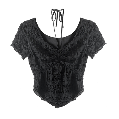 短袖挂脖纯欲风薄款抽褶T恤女夏