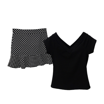 两件套半身裙t恤上衣搭配高腰波点鱼尾包臀裙子短 裙女夏 季套装