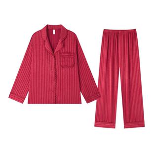 BE红色睡衣冰丝女款秋春2026新款夏季条纹长袖丝绸家居服套装夏天