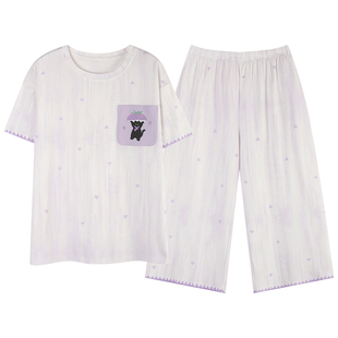 卡之恋睡衣女款2026新款夏季纯棉短袖紫色条纹七分裤两件套家居服