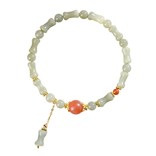 【普陀山官方】天然和田玉转运手串绿色圆珠南红玛瑙竹报平安手链