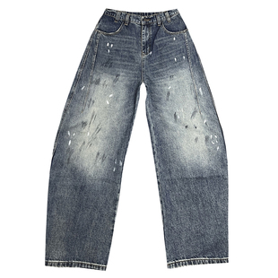 个性涂鸦泼墨弯刀牛仔裤男款潮牌痞帅炸街阔腿裤宽松休闲直筒裤子