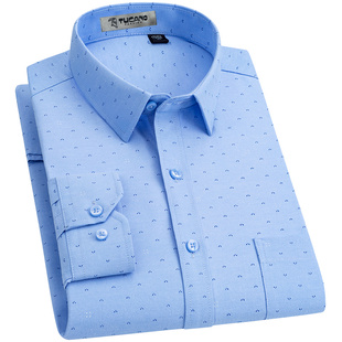 啄木鸟长袖衬衫男时尚休闲蓝色印花2026春季新青中年内搭男士衬衣