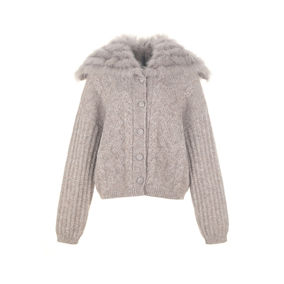 wanatry貉毛毛领针织厚开衫