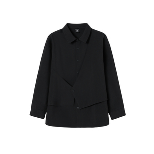 GEEEKPANDA大码假两件黑色衬衫男宽松高级设计感翻领长袖衬衣8739