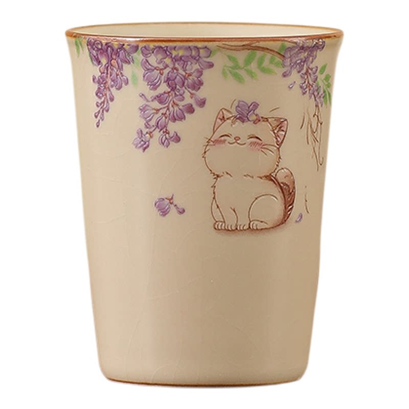 米黄汝窑紫藤猫咪茶杯主人杯陶瓷可乐杯饮料杯女生个人专用杯单杯