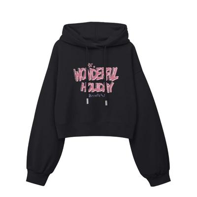 KWV真维斯黑色薄款连帽卫衣女2026新款春秋休闲短款学院风上衣女