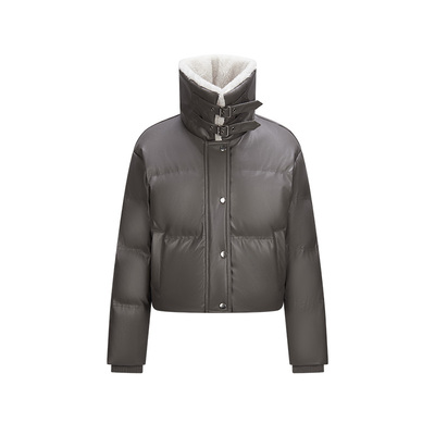 森马小个子PU仿皮短款羽绒服女