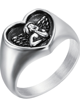 时尚男女钛钢天使爱心形印章戒指