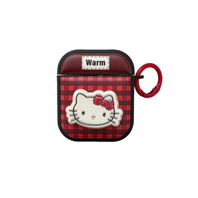 可爱撞色格子kitty猫适用苹果耳机保护套airpods4无线蓝牙耳机壳四代airpodpro2二代ipod耳机盒airpods3皮质