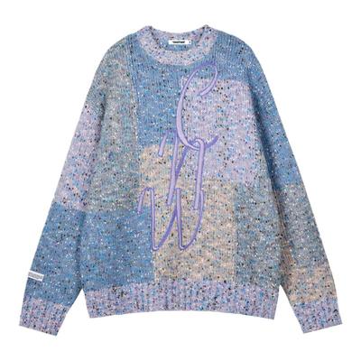 陈伟霆CANOTWAIT拼色立体刺绣字母羊毛混纺毛衣宽松男女款3色可选