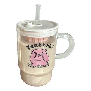 比耶猫咪玻璃吸管杯高硼硅大容量茶水分离泡茶水杯牛奶杯带把手