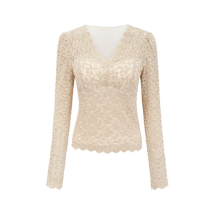 秋冬新款纯欲性感V领蕾丝衫打底衫女修身配皮草洋气内搭长袖上衣