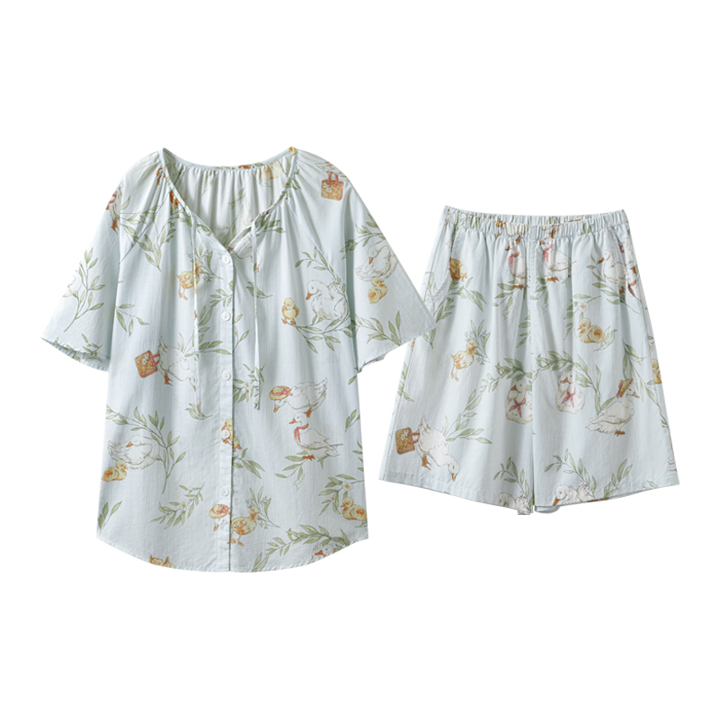 嫚熙夏季牛油果紗羅女士睡衣薄款果紗短袖胸墊家居服套裝2025新款