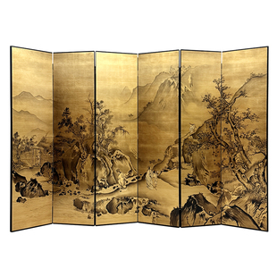 宋式美学金箔山水屏风手绘漆画办公会议室背景折叠中古色装饰隔断