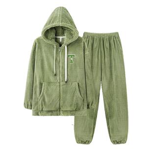 TOMATOPAPA秋冬珊瑚绒睡衣宽松拉链开衫连帽加绒套装青年潮家居服