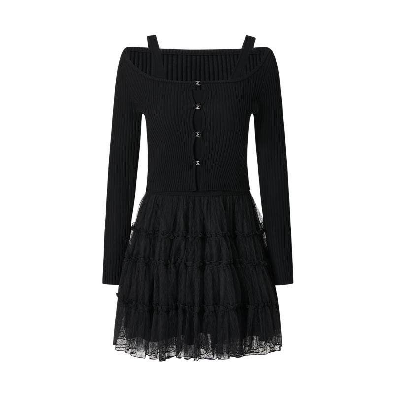 商场同款 摩萨克冬修身针梭相拼假两件连衣裙女