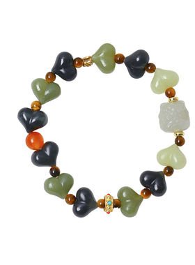 天然和田玉新疆黄口搭配青花料爱心原创手链女款玉石屁桃手串饰品