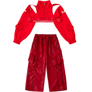 爵士舞服装女童潮酷时髦红色演出服走秀服jazz女团舞蹈服皮裤套装