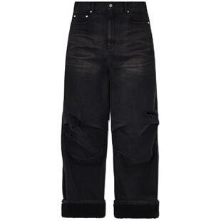 【免费改裤】WE11DONE女士做旧阔腿拼接破洞牛仔裤长裤