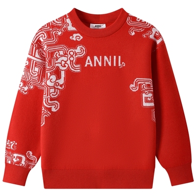 安奈儿童装男童圆领长袖毛衣针织衫2025春中国风拼色提花